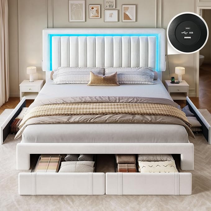 YITAHOME Queen Size Bed Frame with Adjustable Headboard, 4 Storage Drawers and RGB LED Lights, Velvet Upholstered Platform Bed with USB Ports, No Box Spring Needed, Fast Assembly, Noise-Free, White