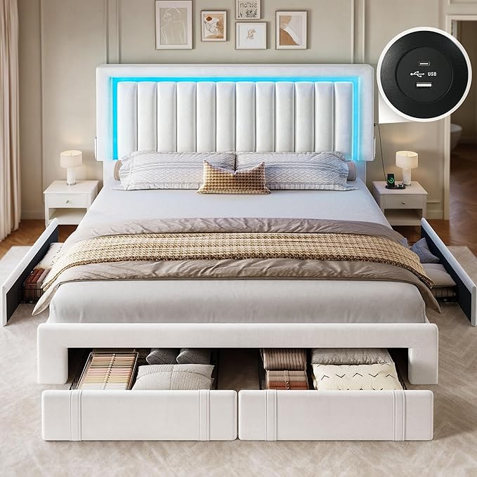 YITAHOME Queen Size Bed Frame with Adjustable Headboard, 4 Storage Drawers and RGB LED Lights, Velvet Upholstered Platform Bed with USB Ports, No Box Spring Needed, Fast Assembly, Noise-Free, White