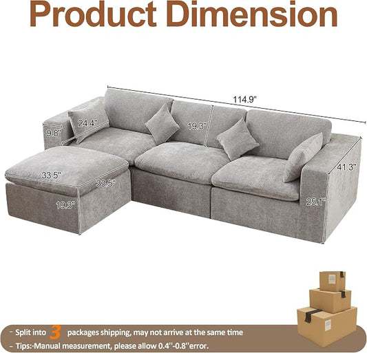 115''Cloud Boneless Sectional Couch, Modular Sectional Sofa Deep Seat with Ottoman, Oversized Upholstered Convertible Comfy 4 Seater Chenille Sofa L Shape Couches for Living Room, Light Grey