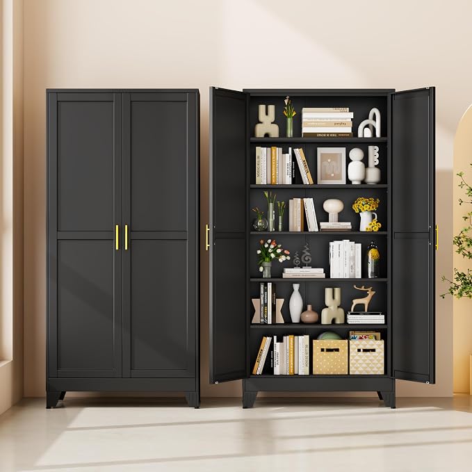75" Black Tall Metal Storage Cabinet with 2 Doors and 5 Adjustable Shelves,Steel Garage Tool Cabinet, File Cabinet,Kitchen Pantry Cabinet for Home,Office,Garage,School,Warehouse