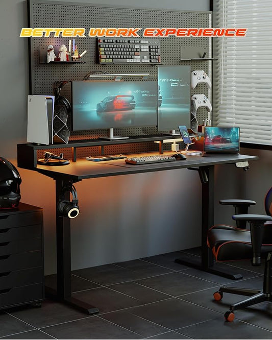 Agilestic 55 x 24 Inch Electric Standing Desk with Shelf, Height Adjustable Desk with Power Outlets & LED, Sit Stand Up Table with Monitor Stand, Computer Workstation, Black