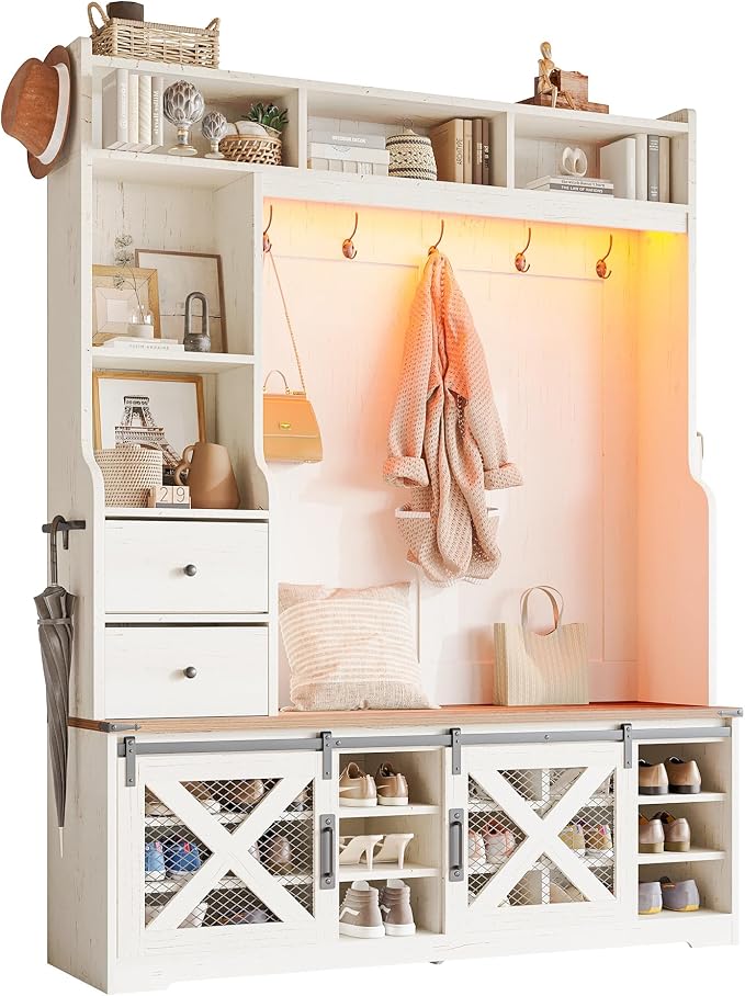 AMERLIFE 75" 7-in-1 Farmhouse Hall Tree with Bench and shoe storage, LED Entryway Bench with Coat Rack, 12 Shoe Cubbies, 2 Drawers, Barn Doors & Adjustable Shelf, Mudroom Hallway Cabinet, Rustic White