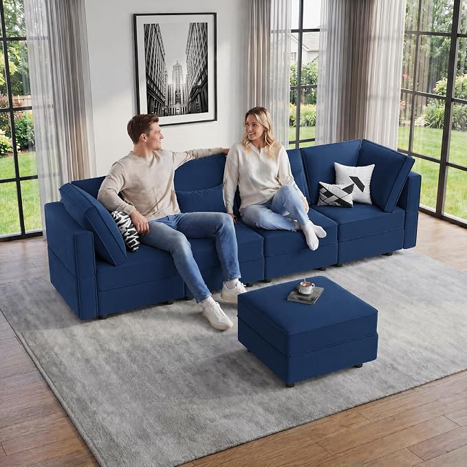 Vesgantti Sectional Couches with Storage Seats, 118" L Shaped Convertible Modular Sectional Sofa, 4 Seat & 1 Ottoman Velvet Storage Chaises Deep Seat Couch for Living Room, Bedroom, Apartment, Blue