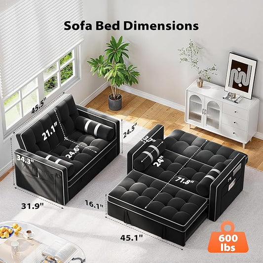 Pipishell 3 in 1 Sleeper Sofa Bed, Pull Out Couch with USB Ports & Side Pockets, Adjustable Backrest, Convertible Loveseat Sofa Bed, Futon Couches, Charcoal Black Velvet, Living Room
