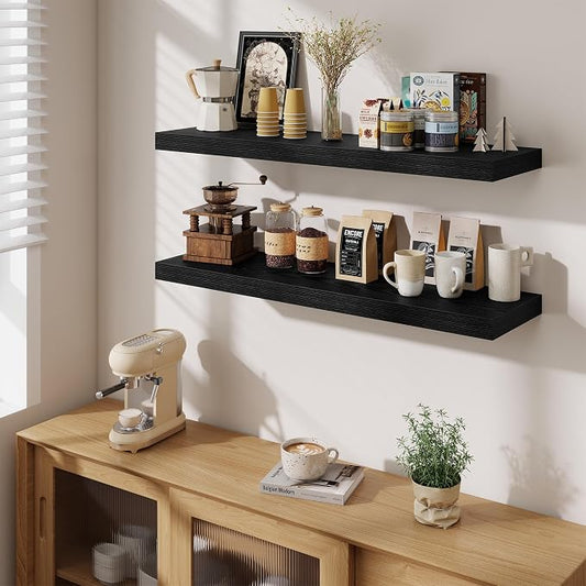 Fun Memories Floating Shelves Set of 2, 40 Inch Long Wooden Wall Shelves, 10 Inch Deep Wall Mounted Storage Shelf with Metal Brackets for Living Room, Bathroom, Bedroom and Kitchen, Black