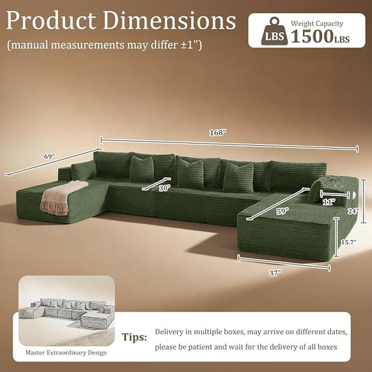 168" Cloud Sectional Couch, Comfort U Shaped Sofa for Living Room, Extra Deep Seats No Assembly, Minimalist Modular Couch, Corduroy (Olive Green, 7 Seats,U-Shape C)
