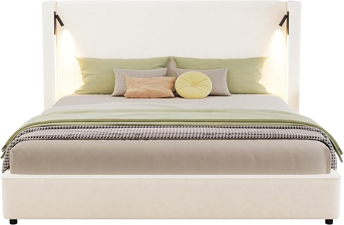 Christopher Knight Home Hazel 49.20" H King Headboard Bed, Upholstered King Size Bed, Slats Panel Support Platform, No Spring Box Needed, Wingback Headboard with Reading Lamps and USB, Beige
