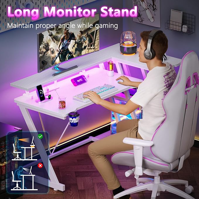 Korfile 47 Inch White Gaming Desk with Power Outlet & LED Lights, Corner Computer Desk with 3 Tiers Storage Shelves, L Shaped Gaming Desk with Monitor Stand for Bedroom
