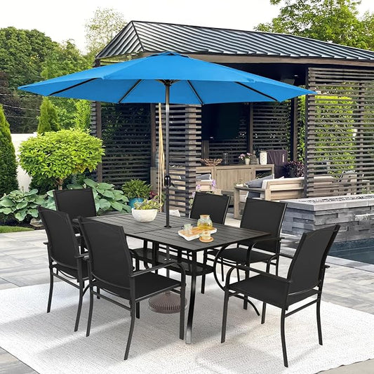 SUNCROWN 8 - Piece Outdoor Dining Set, Patio Furniture Set with 6 Textilene Dinning Chairs, 1 Rectangle Metal Table and 1 Sky Blue 9Ft Patio Umbrella for Lawn Garden Backyard Deck, Black