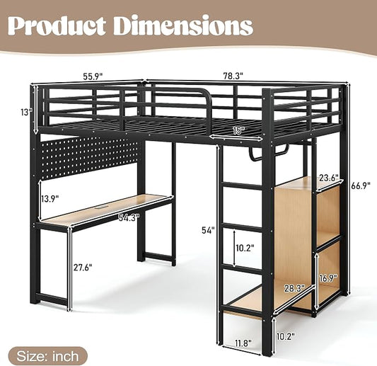 Bellemave Full Size Loft Bed with Desk,with USB Ports, Lights, and Hanging Rod, Cave Board Design, Metal Full Loft Bed Frame for Adults, Kids, Teens, Black
