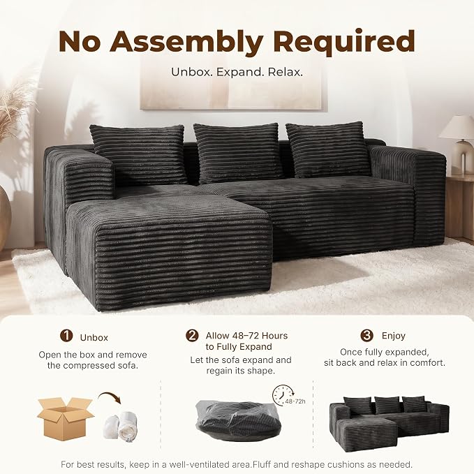 Modular Sectional L-Shaped Sofa with Deep Seat, Modern Boneless Comfy Corduroy Fluffy Couch with Side Pockets and Anti-Slip & Floor-Friendly Bottom for Living Room, No Assembly, Black
