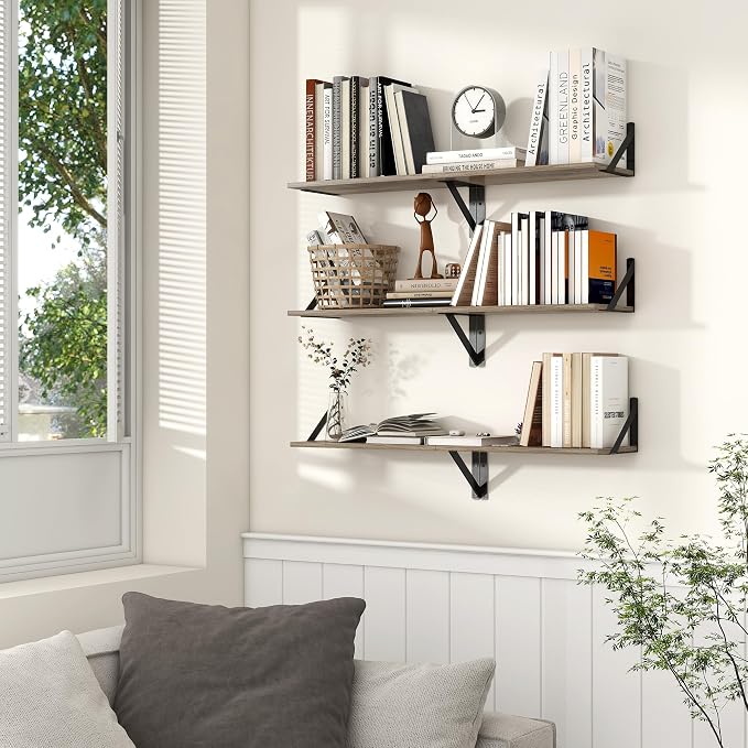 Axeman Floating Shelves for Wall, 8 Inch Deep Grey Wall Shelves Set of 2, 16''W x 8''D Rustic Grey Wood Shelves for Farmhouse Bookshelf Living Room Bedroom