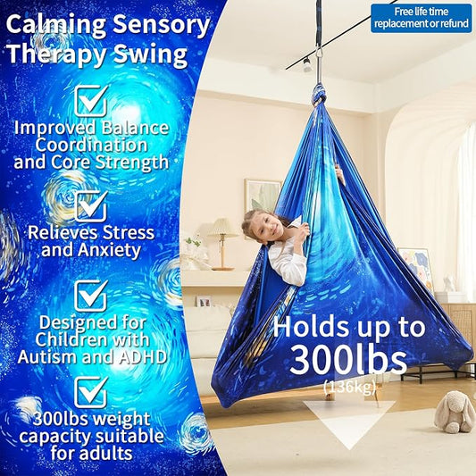 Sensory Swing for Kids Indoor & Outdoor Double Layer Therapy Cuddle Hammock Chair with 360 Swivel Hanger Kit Adjustable Swing for Child and Adult with Aspergers Autism ADHD (Ocean Blue)