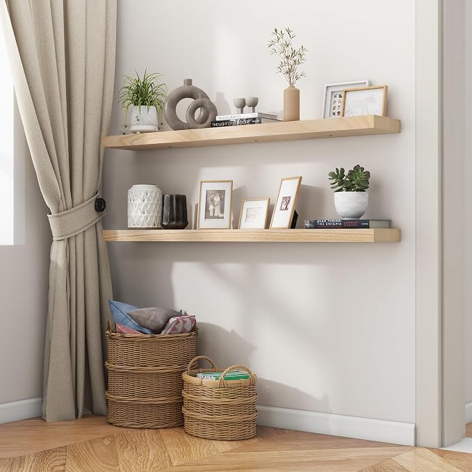 fuqing Natural Wood Floating Shelves, 48 Inch Wood Floating Shelves Set of 2, Natural Raw Wood Shelves for Living Room Bedroom Home Office - Natural