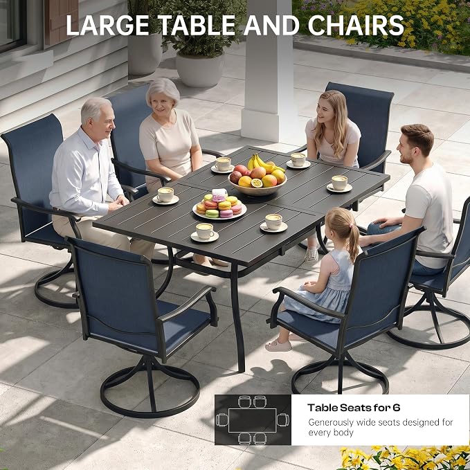 7-Piece Outdoor Dining Set with Umbrella Hole,Patio Swivel Chairs Set and 63"x 38"x 28" Outdoor Patio Table for 6,Modern Garden Dining Set for Poolside Seaside Backyard