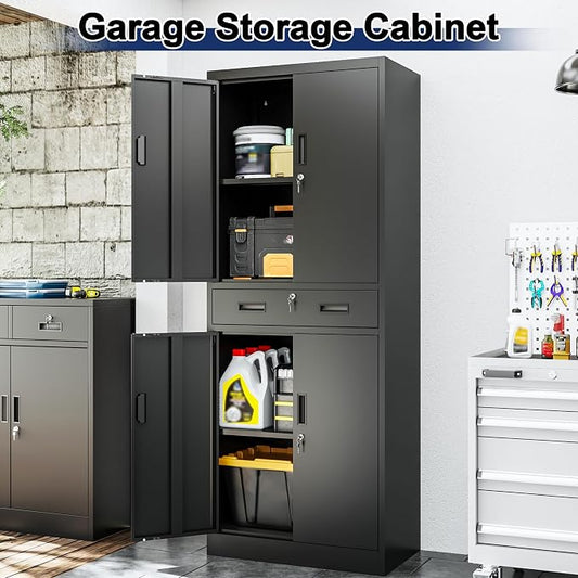 BESFUR Metal Garage Storage Cabinet with a Drawer Locking Doors and 2 Adjustable Shelves, Black Tall Storage Cabinets, Tool File Lockable Cabinet for Garage Office Warehouse Shop(71”H)