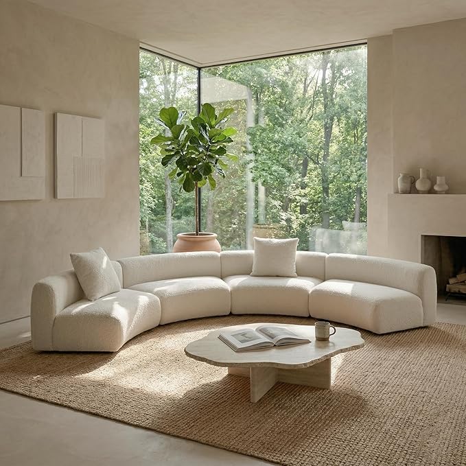 Acanva Formia Boucle Curved Sectional Sofa, 3 Armless Chairs, White | Modular Couch, Modern Minimalist, Wood Frame, For Living Room, Apartment, Home Office