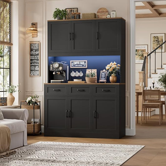HOSTACK 72" Tall Kitchen Pantry Cabinet with Charing Station | LED Lights, 47"W Kitchen Pantry Storage Cabinet with Countertop, Kitchens Hutch Cabinets with Storage for Dining Room, Black/Rustic Brown