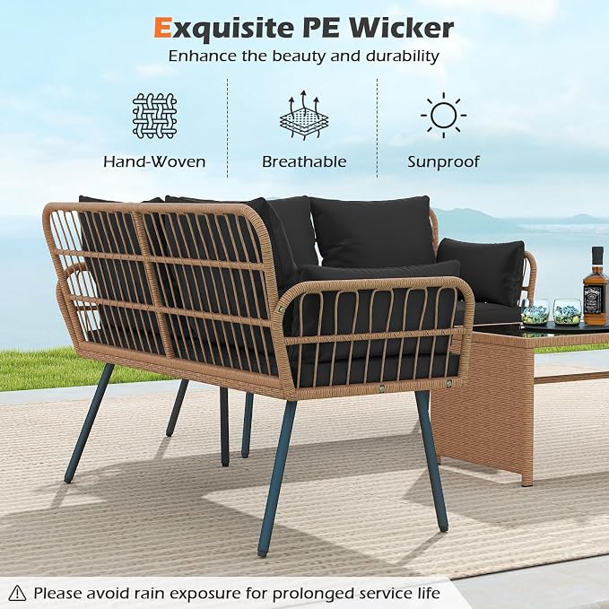 Tangkula Patio Wicker Loveseat, Outdoor 2-Seater PE Rattan Sofa with Pillows, Cushions, Metal Frame & Adjustable Foot Pads, 660 lbs Outside Couch for Porch, Backyard & Poolside (Black, 50.5" L)