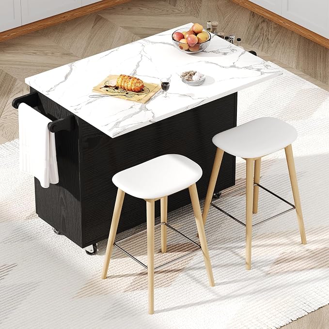 4 EVER WINNER 43" Modern Kitchen Island on Wheels with Drop Leaf & Storage, Faux Marble Tabletop, 3 Drawers with Spice Rack & Towel Rack, Rolling Kitchen Cart for Small Space, Black