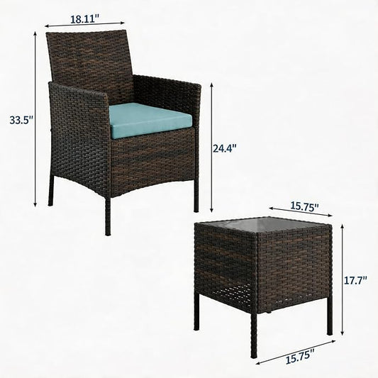 3-Piece Outdoor Furniture Set, PE Rattan Wicker Chairs with Soft Cushions & Tempered Glass Coffee Table - All-Weather Patio Set for Garden, Backyard, Porch, Poolside (Brown/Dark Blue)