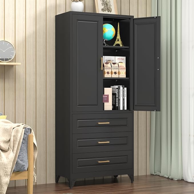 Polup Kitchen Pantry Cabinet, 75" Tall Pantry Cabinet with Three Drawers, Metal Storage Cabinets with Doors and Shelves, Freestanding Food Cupboard for Dining, Living Room, Black, Assembly Required