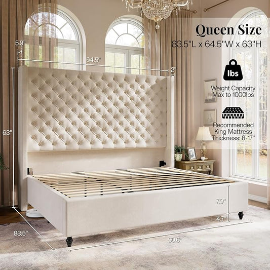 Jocisland Queen Size Bed Frame with 63" Tall Headboard, Upholstered Wingback Platform Design, Handcrafted Pleats & Deep Button Tufted, Solid Wood Legs, No Box Spring Needed, Cream