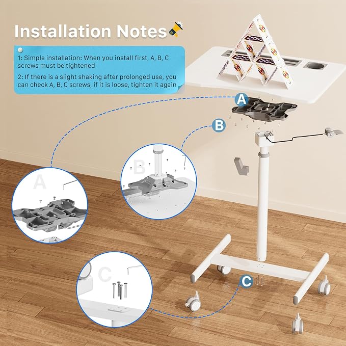 Mobile Standing Desk, 28 inch Rolling Standing Laptop Desk with Cup Holder, Mobile Desk Workstation with Wheels, Portable Computer Desk Cart with Hook for Home Office, White