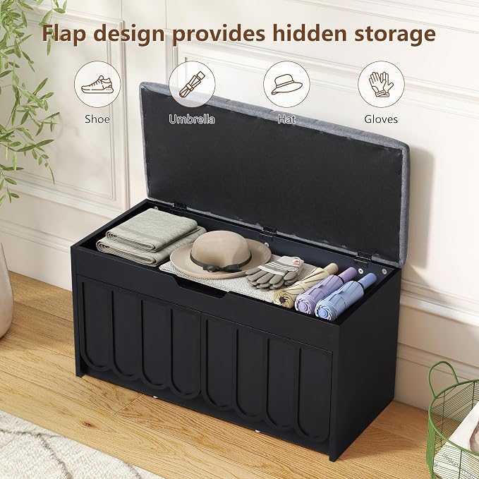 ORRD Shoe Storage Bench with Cushion, Entryway Shoe Cabinet Bench with 2 Scalloped Doors & Adjustable Shelf, 2-Tier Shoe Rack Organizer Cabine for Entryway, Hallway, Living Room (Black)