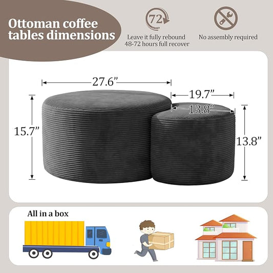 BSHOMGI Boneless Ottoman Nesting Coffee Table Set of 2,Corduroy Soft Foot Rest Movable LargePouf Footstool for Living Room Sofa Couch Bedroom Entryway and Small Spaces No Assembly (Dark Gray)