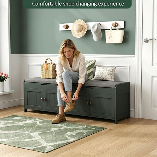 HOMEFORT 54.4" Shoe Bench with Lift Top Storage, Entryway Bench with Cushioned Seat, Wooden End of Bed Bench, Shoe Cabinet Bench with Hidden Storage Space, for Bedroom, Hallway,Green