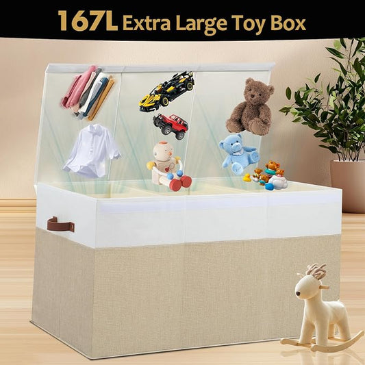Gowee Extra Large Toy Storage Box with Lid, Sturdy Toys Storage Chest Bin Organizer Basket with Dividers for Kids, Boys, Girls, Nursery, Closet, Bedroom, Playroom 35.5"x17" x17" (Beige and White)