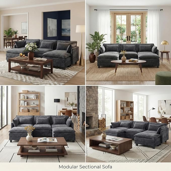 Pipishell 110.6" Modular Sectional Sofa, U Shaped Cloud Couch with Movable Ottoman, 5-Seat Chenille Deep Seat Cloud Modular Sectional Sofa with Throw Pillows for Living Room & Apartment, Grey