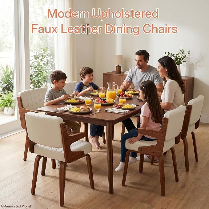 Dining Chairs Set of 2 with Hanging Armrest Beige | Set of 2 with hanging armrests for table-edge storage. Walnut frame and warm beige faux leather seating