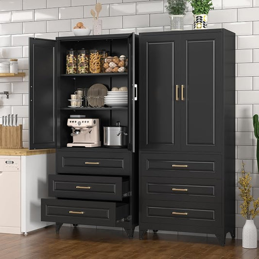 Polup Kitchen Pantry Cabinet, 75" Tall Pantry Cabinet with Three Drawers, Metal Storage Cabinets with Doors and Shelves, Freestanding Food Cupboard for Dining, Living Room, Black, Assembly Required