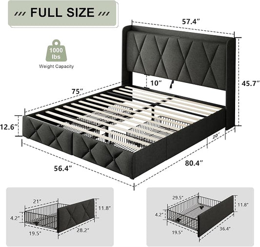 Feonase Full Size Bed Frame with 4 Storage Drawers, Upholstered Platform Bed with Charging Station, Wingback Storage Headboard, Wooden Slats Support, No Box Spring Needed, Easy Assembly, Dark Grey
