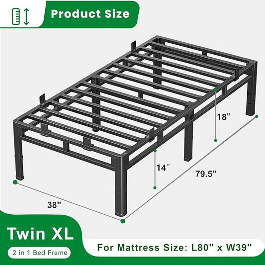 ROIL 18 Inch Twin XL Bed Frame, Double Layer Metal Bed Frame with Round Corner Legs, 4000LBS Bed Frame & Box Spring 2 in 1 Platform with Headboard Holes Mattress Baffles, Noise-Free Easy Assembly