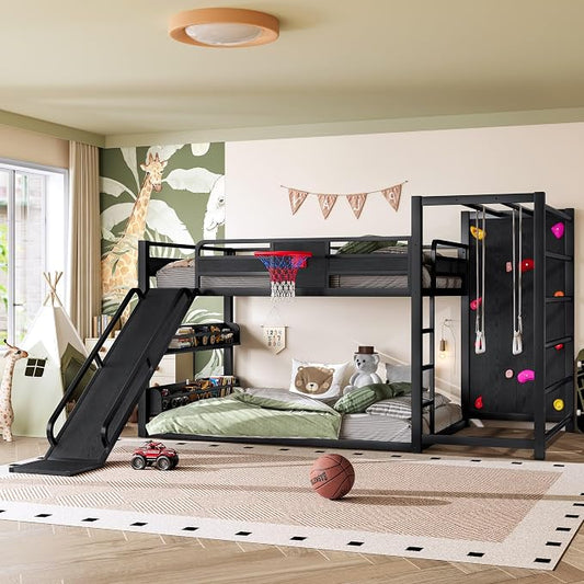 Harper & Bright Designs Floor Bunk Bed with Built-in Bookshelves and Basketball Hoop, Full Over Full Metal Bunk Bed with Slide, Climbing Wall, Pull-Up Rings for Sports Enthusiasts, Black