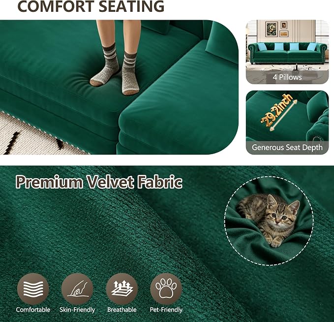89" Velvet Pull Out Couch Bed - 3-in-1 Convertible Sleeper Sofa with Ottoman, Button Tufted Chesterfield Sofa, King Size Pull Out Sofa Bed, Space Saving for Small Spaces Apartments, Living Room,Green