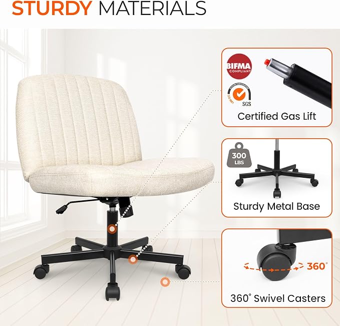Orange Factory Criss Cross Chair Wheels Wide Cross Legged Office Desk Vanity Chair Comfy Fabric Armless Adjustable Swivel for Home Computer Task (Beige Wheel, Fabric)