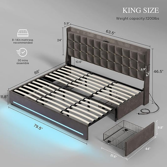 DWVO King Size Bed Frame with 4 Drawers and RGB LED Lights, Velvet Upholstered Platform Bed with Charging Station and Storage Headboard, No Box Spring Needed, Easy Assembly, Noise-Free, Grey