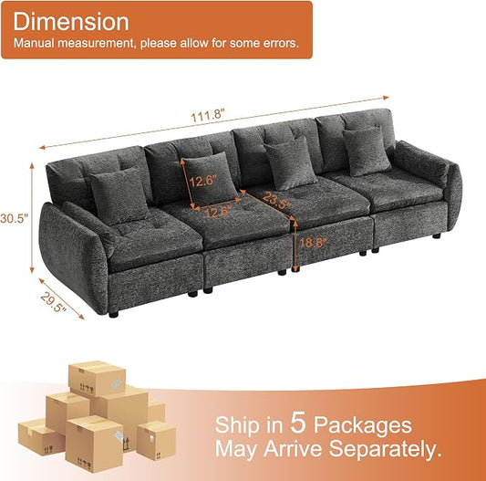 112" Oversized Modular Cloud Sofa, Deep Seat Tufted Chenille 4-Seater Sectional Couch with Curved Arms, Comfy Sofas for Living Room, Dark Grey