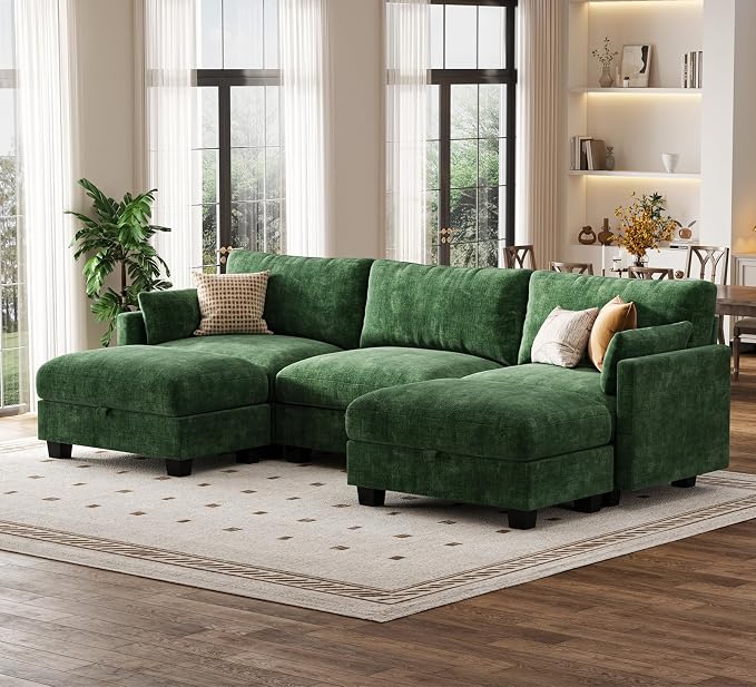 Modular Sectional U Shaped Sofa Couches for Living Room, Cloud Couch with Storage Ottoman, Comfy Chenille Sofa with Pillow, Green