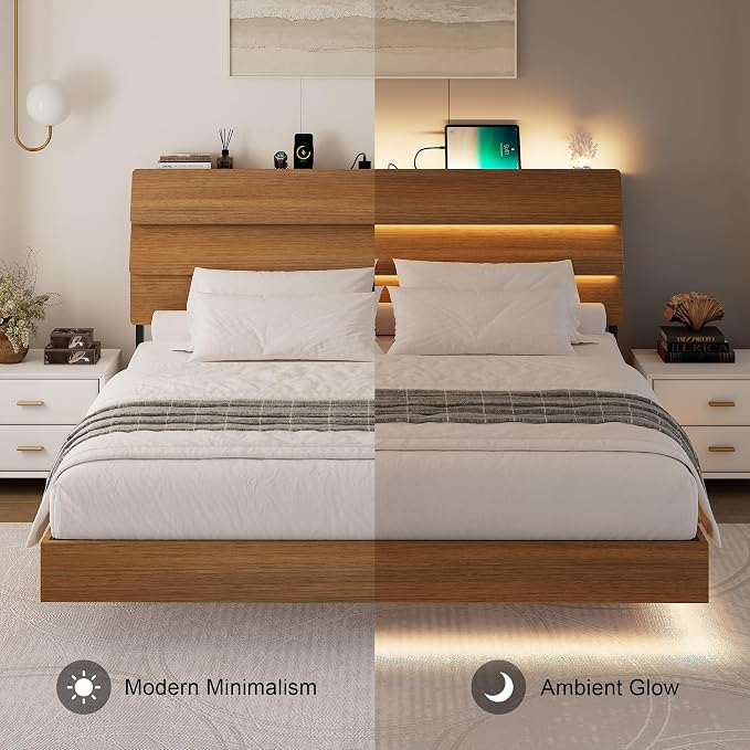 Feonase Floating Bed Frame King with Led Lights and Charging Station, Wood Full Size Bed Frame with Storage Headboard, Heavy Duty Metal Slats, No Box Spring Needed, Easy Assembly,Walnut