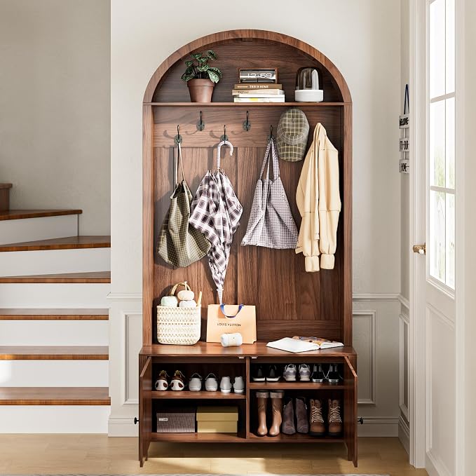 Hall Tree with Bench and Shoe Storage, Entryway Storage Bench with Coat Rack, 78.74" Coat Rack with 7 Hooks and Adjustable Shelves, Farmhouse Style Furniture Organizer for Hallway (Walnut, 78.74"H)