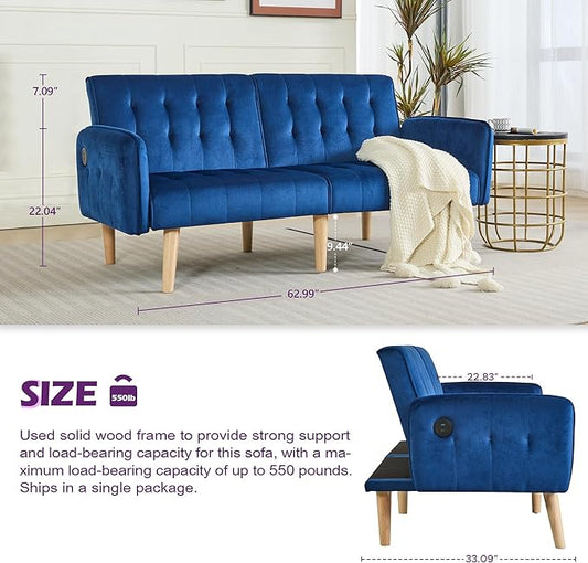 TYBOATLE 62.99" W Velvet Modern Convertible Folding Futon Couch Sofa Bed w/ 2 USB Charging Ports for Compact Living Space, Small Couches for Office, Dorm, RV Room, Apartment, Bedroom (Navy Blue)