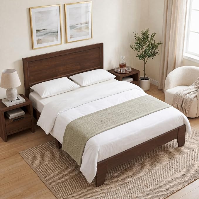 Giantex Queen Size Wooden Bed Frame with Headboard, Wood Slat Support | Modern Platform Bed with Heavy Duty Mattress Foundation, Under-Bed Storage, No Box Spring Needed, Easy Assembly (Walnut)