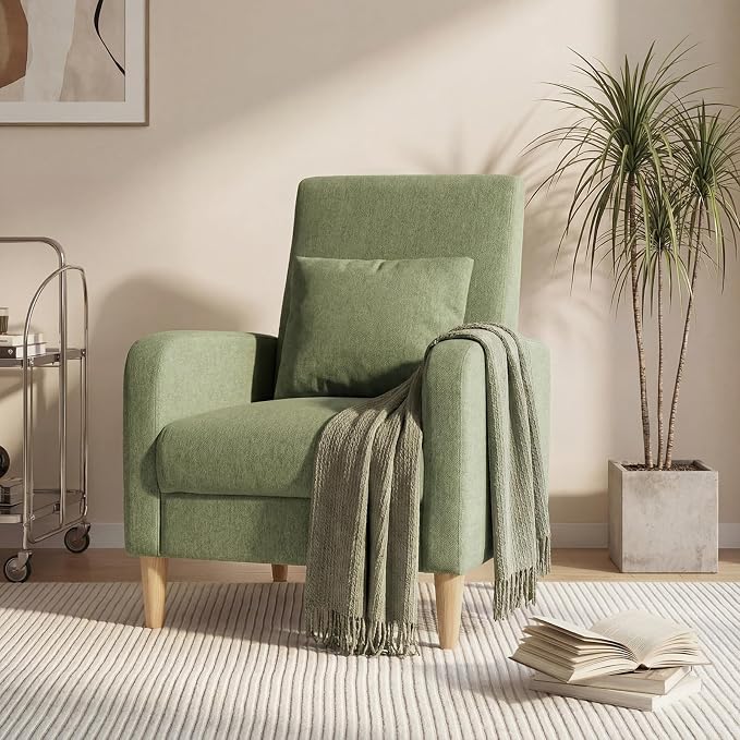 COLAMY Mid-Century Modern Upholstered Accent Chair with Back Pillow & Solid Wood Legs, Fabric Cozy Armchair for Living Room, Bedroom, Reading Nook, Apartment & Small Spaces, Green