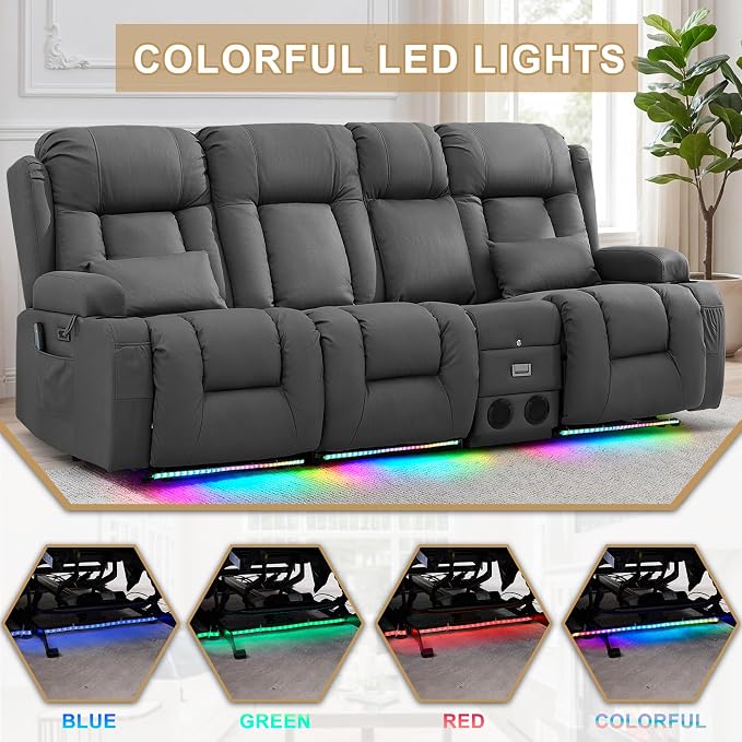 URRED Power Loveseat Recliner Sofa with Massage and Heat, Wall Hugger Reclining Loveseat with Console, RV Couch Home Theater Seating with LED Lights for Living Room (Gray, 89.8" - 3 Seats)