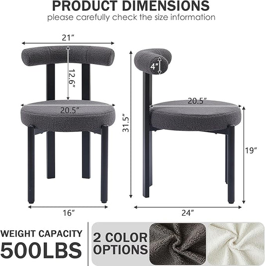 Boucle Dining Chairs Set of 2, Mid Century Modern Dining Room Chairs with Curved Backrest and Black Metal Legs, Upholstered Round Dining Accent Chairs for Kitchen, Living Room, Bedroom (Gray)